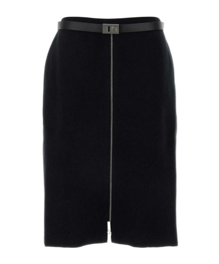 Ferragamo Stretch Wool Blend Skirt With Belted Waist In Nero