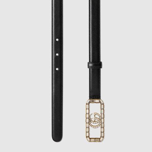 Gucci Luxurious Black Leather Belt With Crystal-embellished Double G Logo Buckle In Black