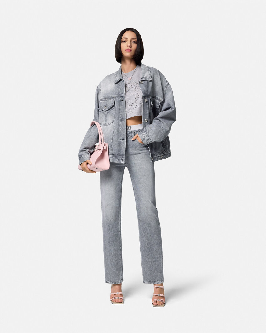 Versace Gray Oversized Denim Jacket In Gray