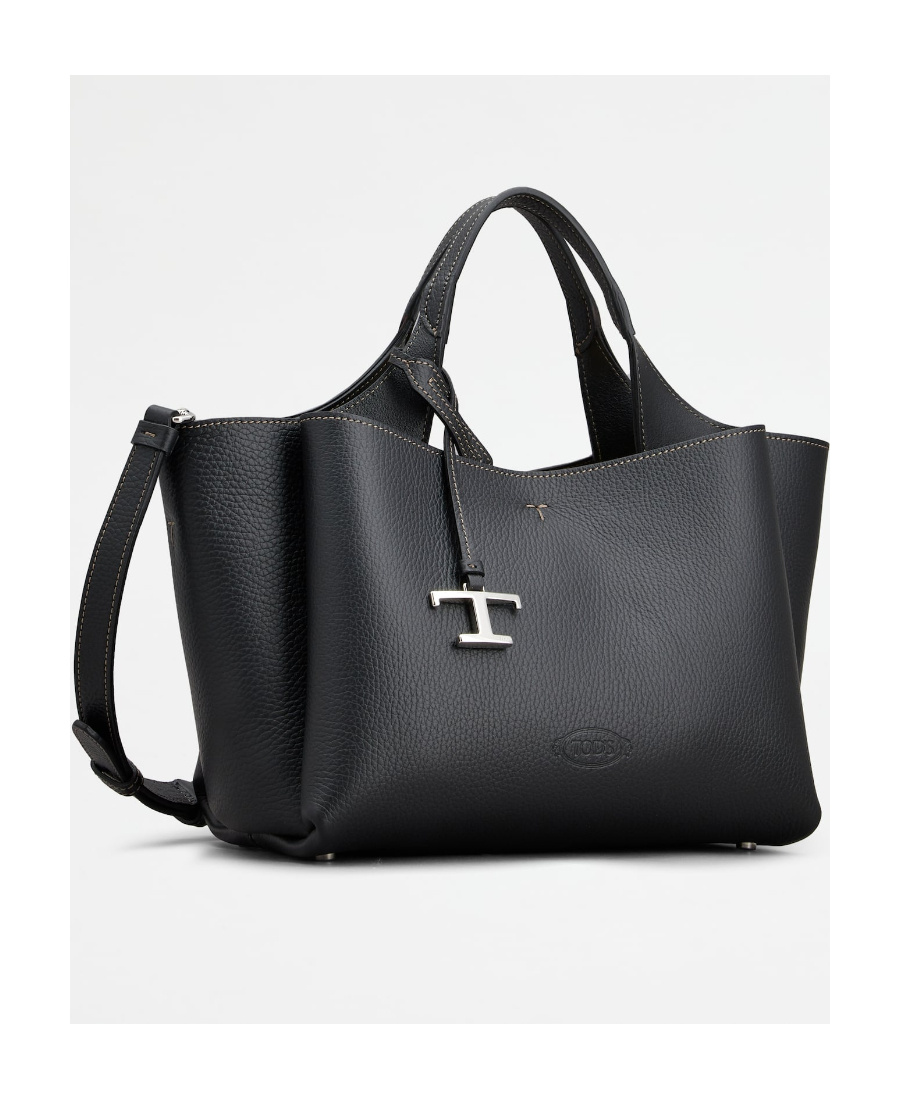 Tod's Mini Leather Shopping Bag With Grained Texture In Black