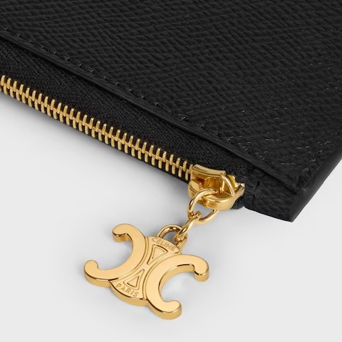 Celine Long Zipped Card Holder In Grained Calfskin In Black