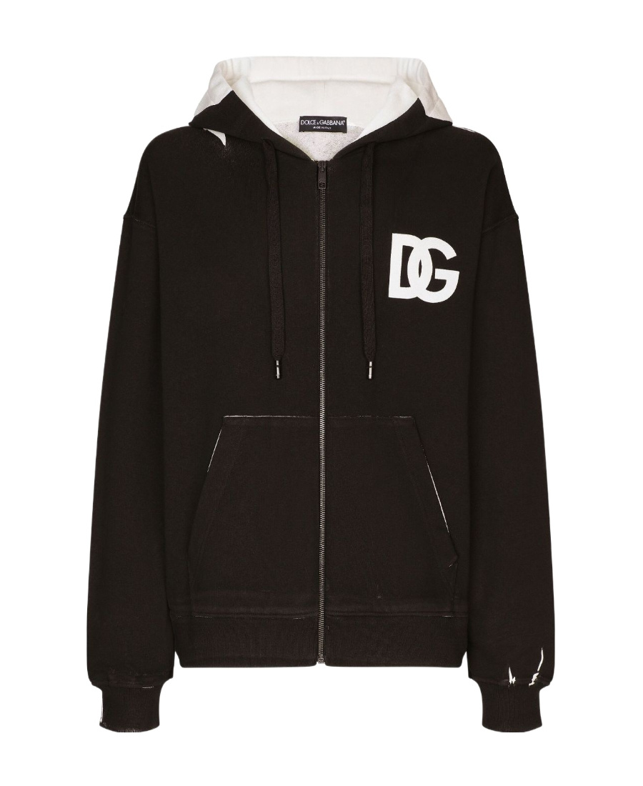 Dolce & Gabbana Dg Logo Print Jersey Hoodie With Zipper In Black