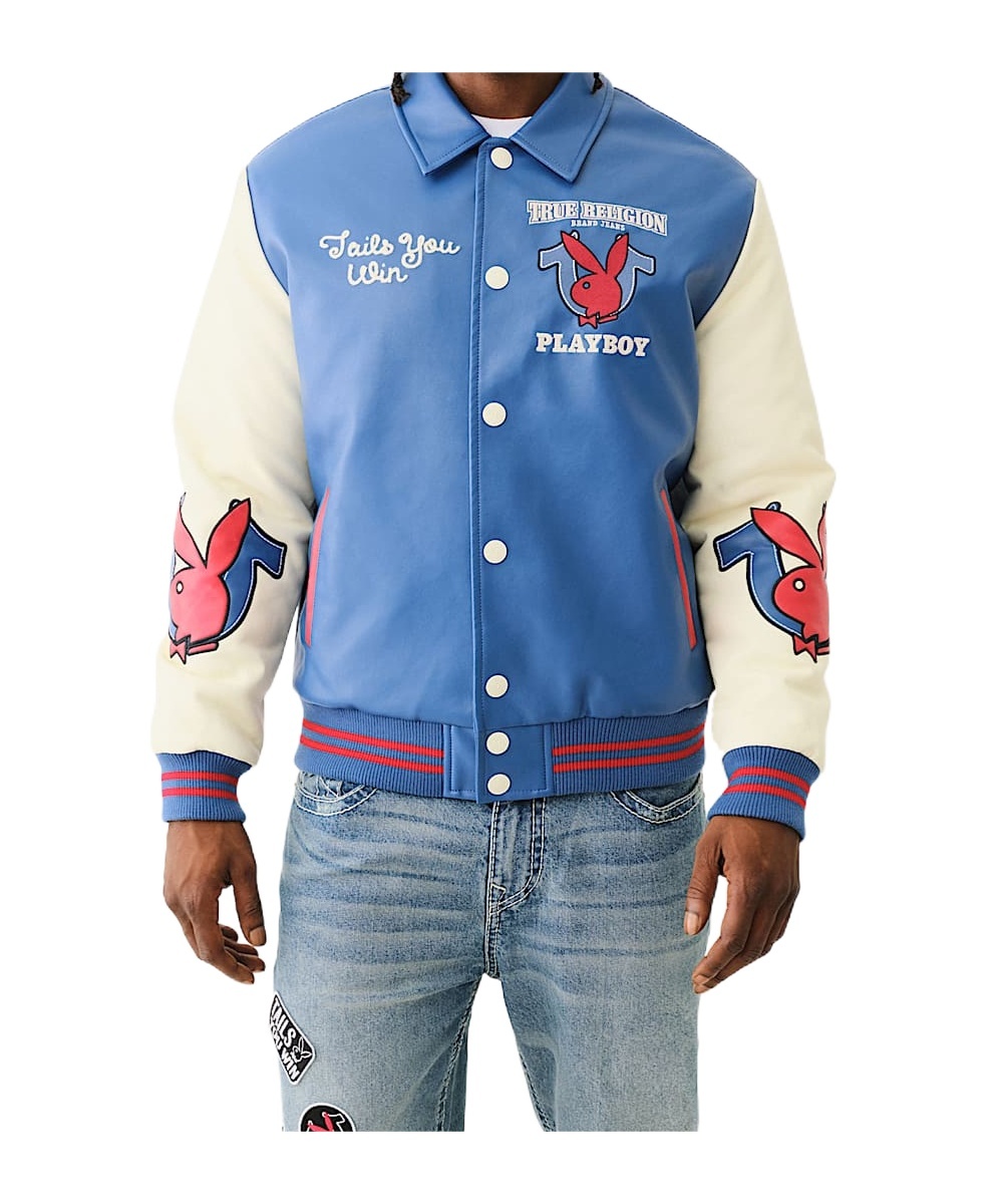 True Religion Playboy X Bomber Varsity Jacket In Blue