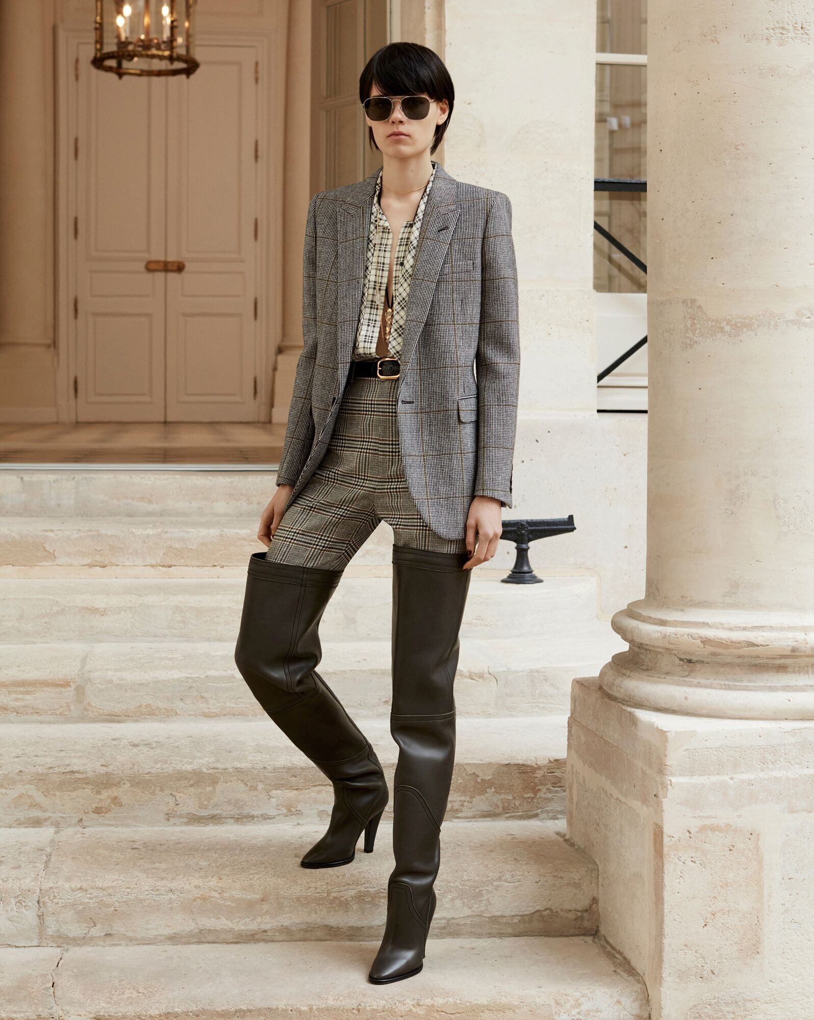 Saint Laurent Checked Tailored Shorts In Nude