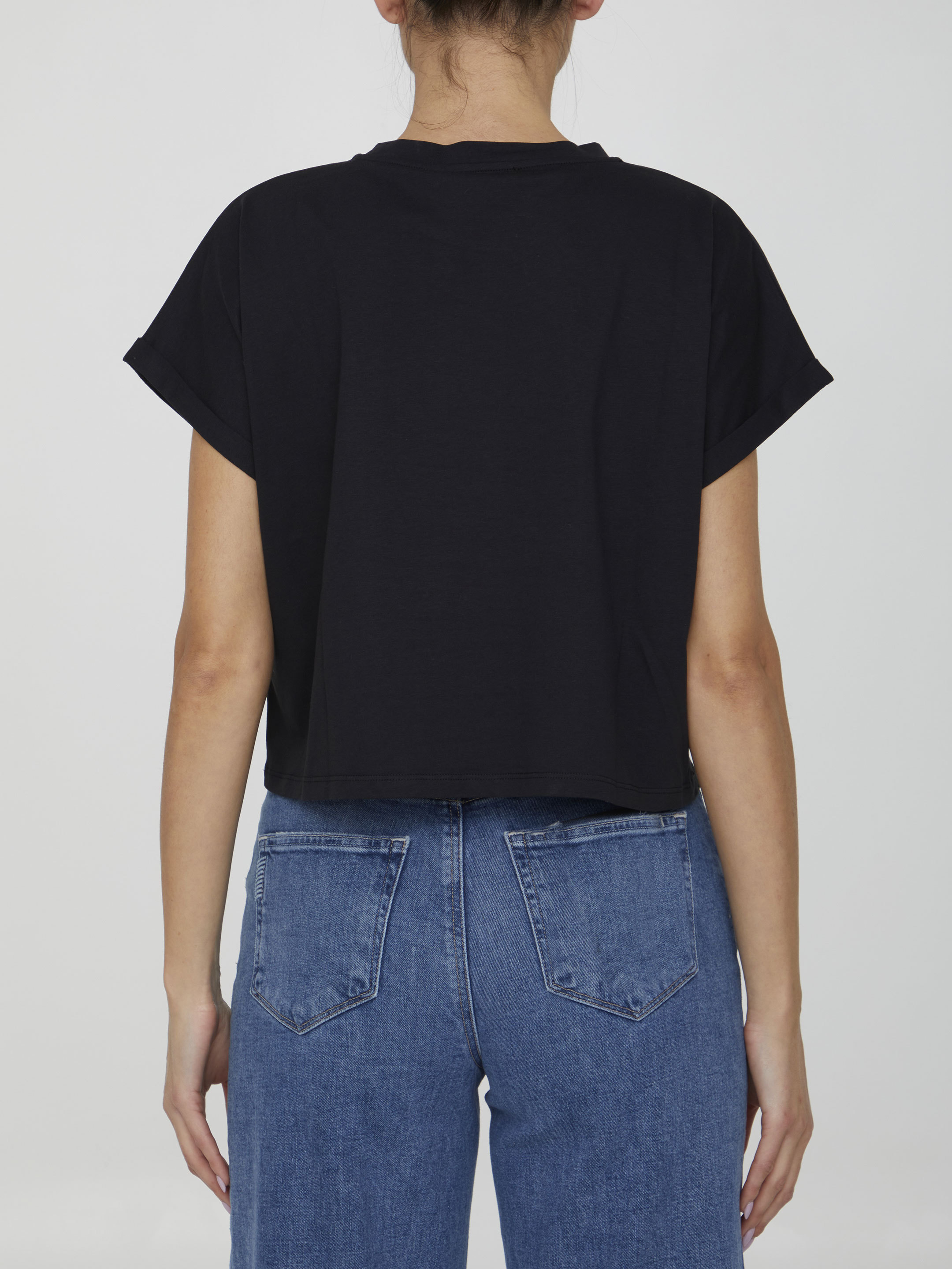 Balmain Cropped Cotton T-shirt With Small Flocked Logo In Black
