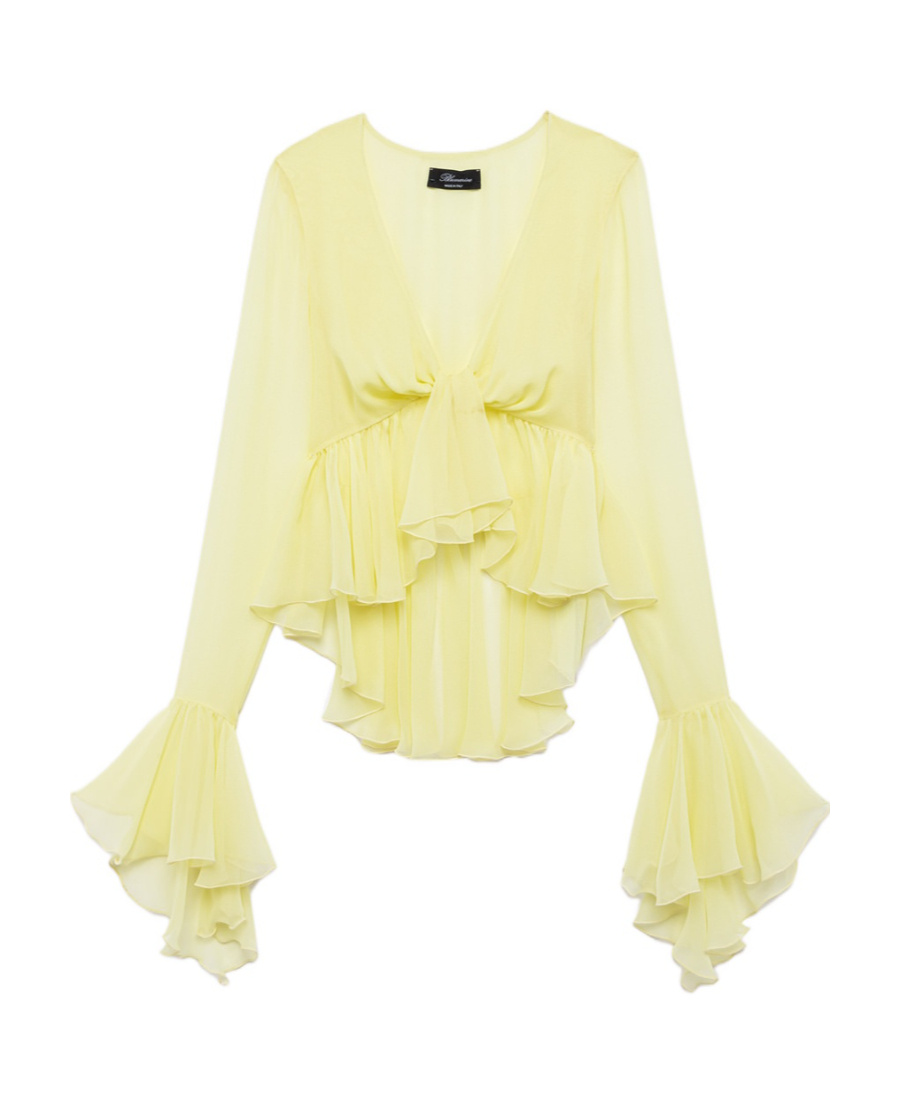 Blumarine Ruffled Long-sleeve Silk Blouse In Yellow