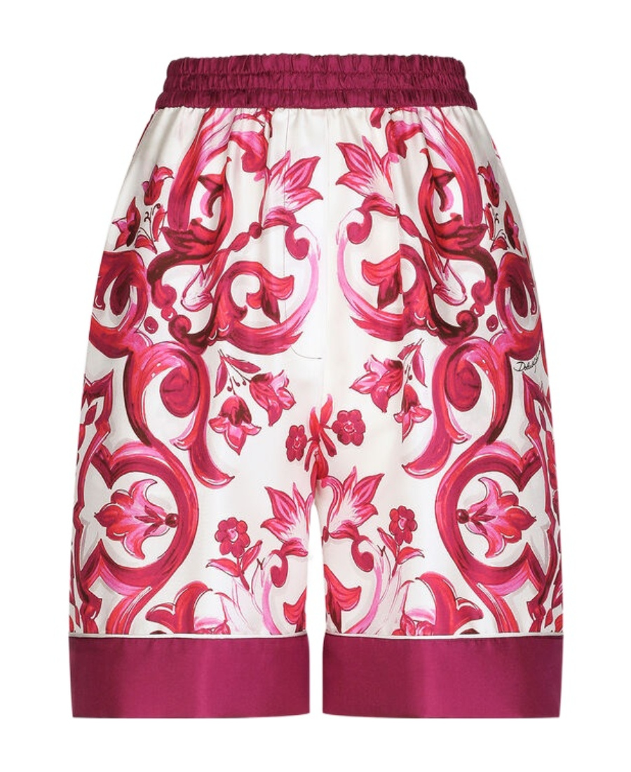 Dolce & Gabbana Majolica Print High-waist Silk Twill Shorts In Red