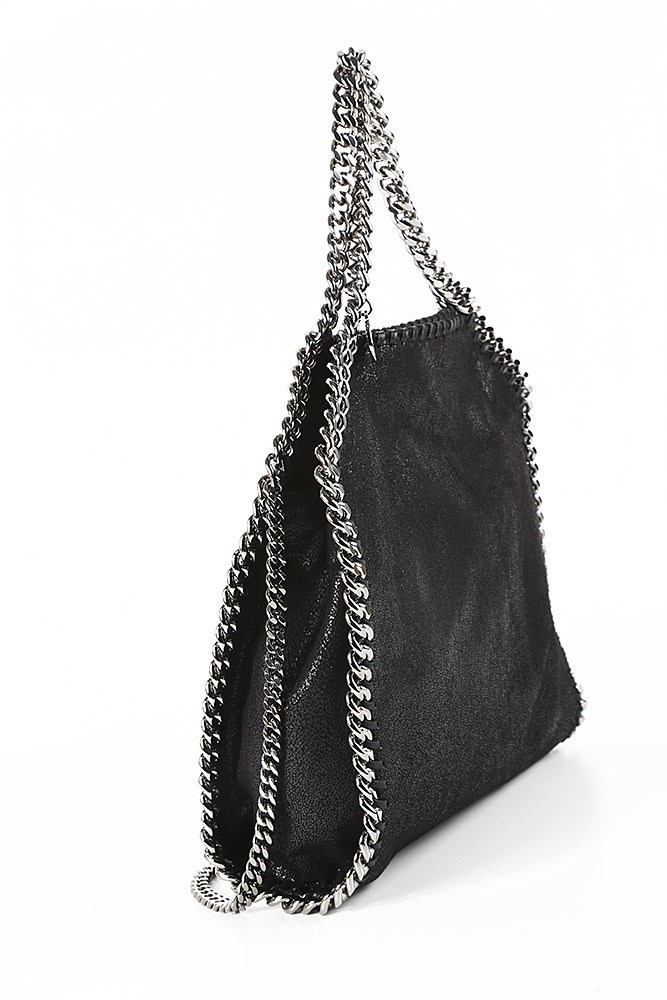Stella Mccartney '3chain' Mini Black Tote Bag With Logo Engraved On Charm In Black