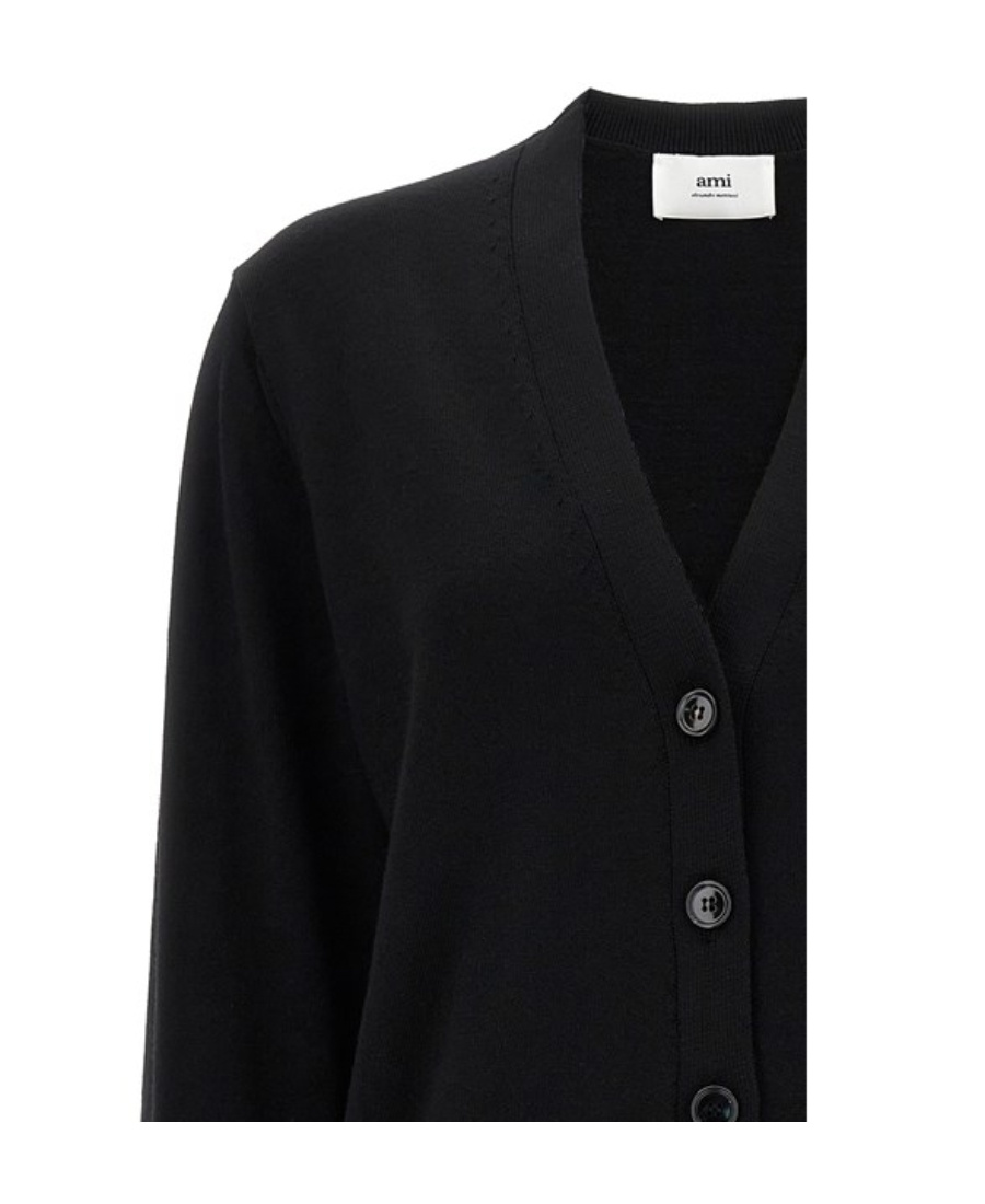 Ami Alexandre Mattiussi Ami V-neck Button-down Cardigan With Subtle Red Emblem In Black