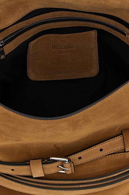 Moschino Medium Tie Me Belt-detail Suede Shoulder Bag In Brown