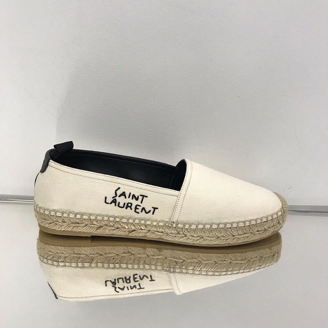 Saint Laurent Logo Embroidery Straw Shoes In White