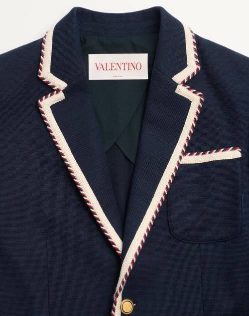 Valentino Blue Jersey Blazer With Torchon Piping In Black