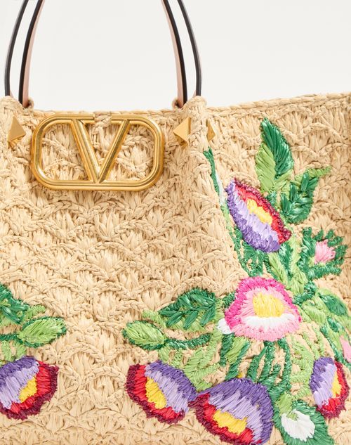 Valentino Garavani Beige Handbag With Metallic Vlogo On The Front And Floral Embroidery In Raffia Wo In Nude