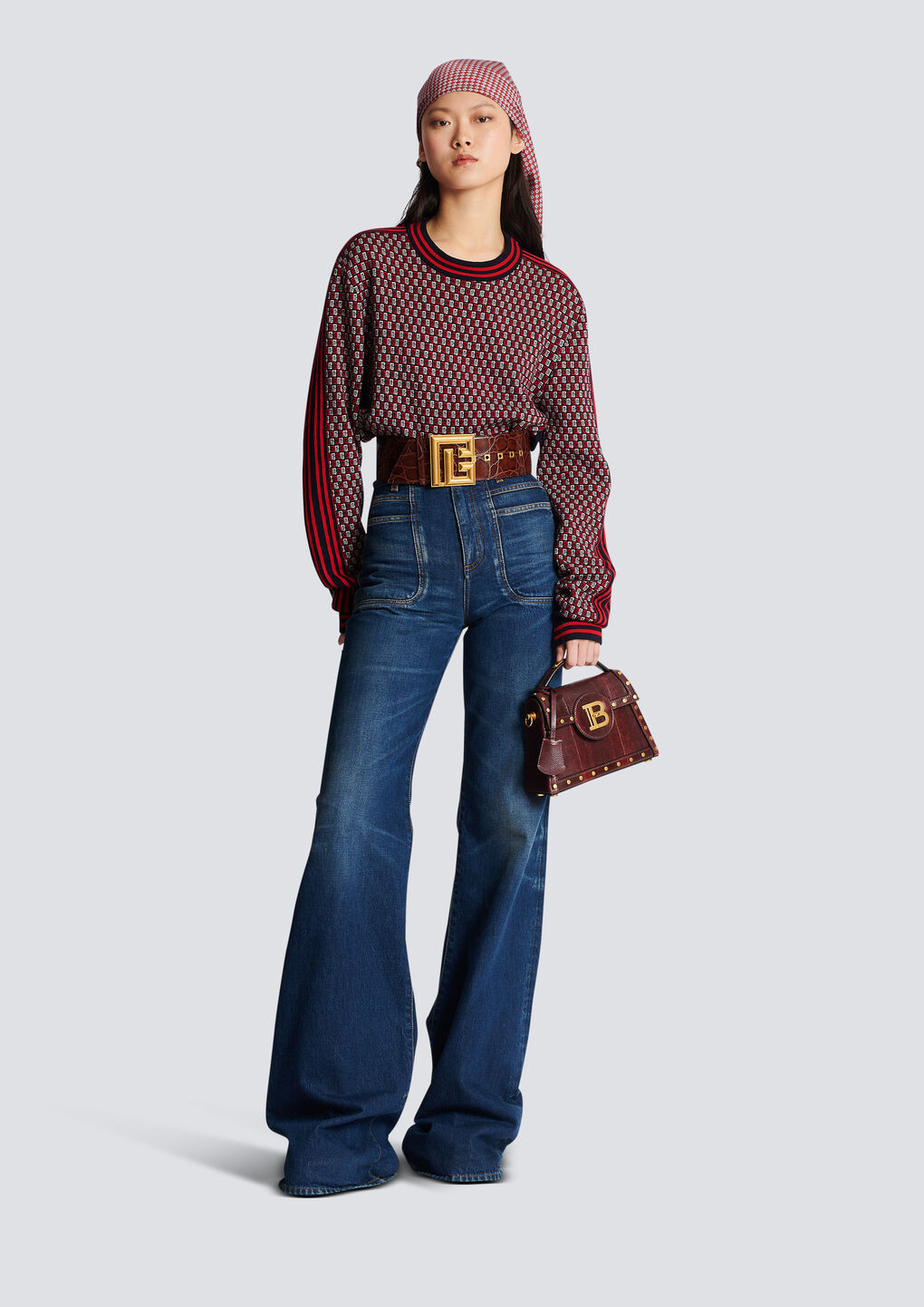 BALMAIN CROPPED MONOGRAMMED KNIT JUMPER