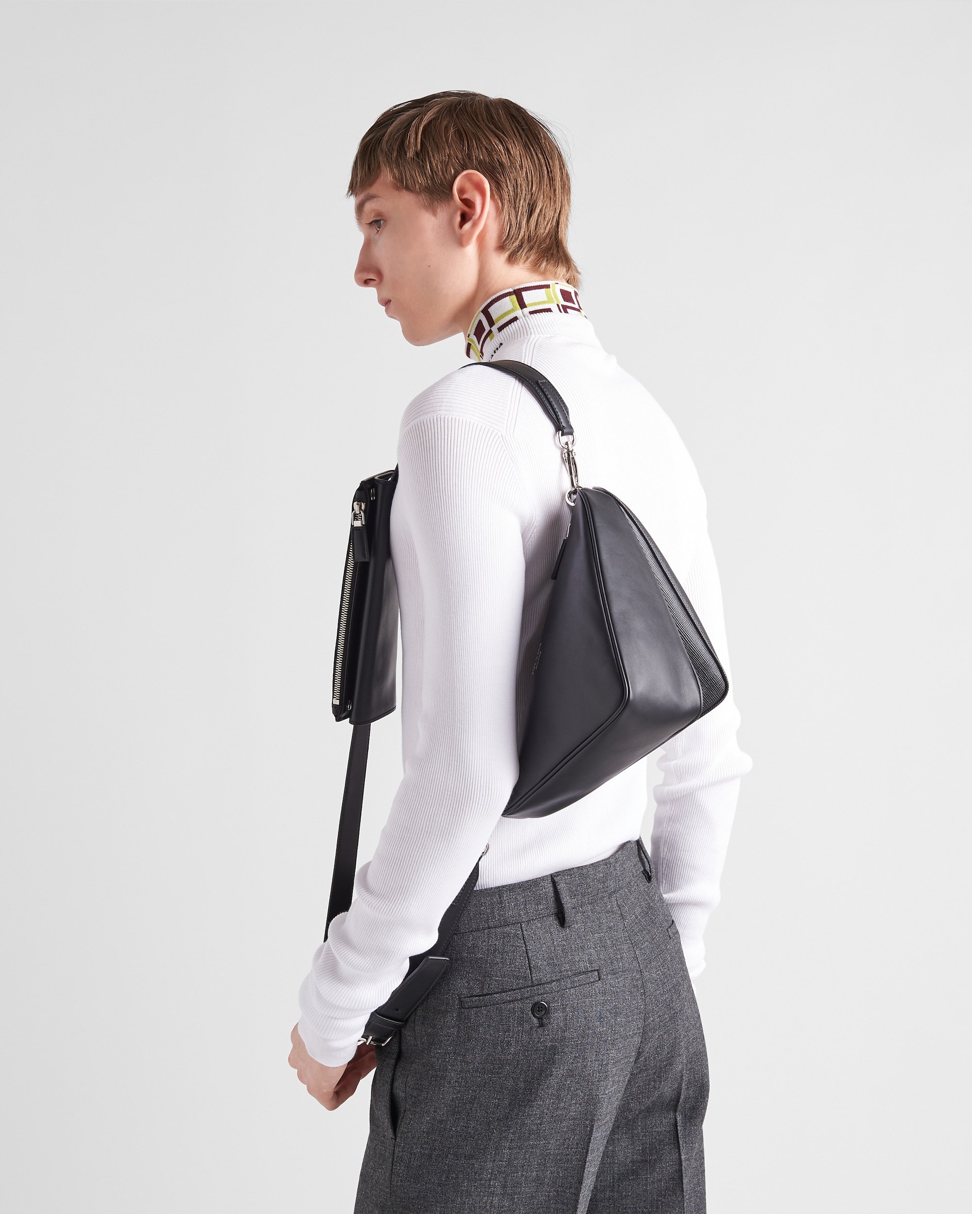 Prada Saffiano Leather And Leather Shoulder Bag In Black