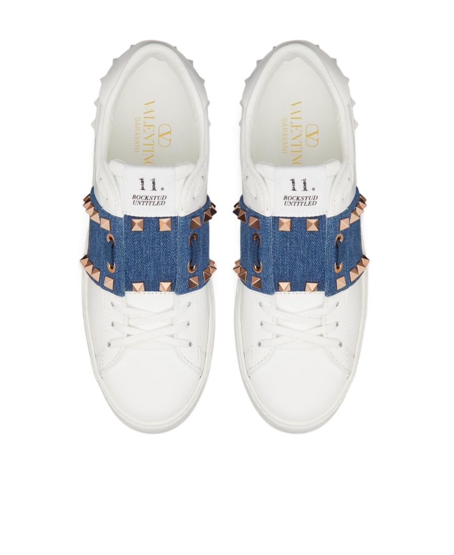 Shop Valentino Rockstud Untitled Trainer In Calfskin With Denim Band In White