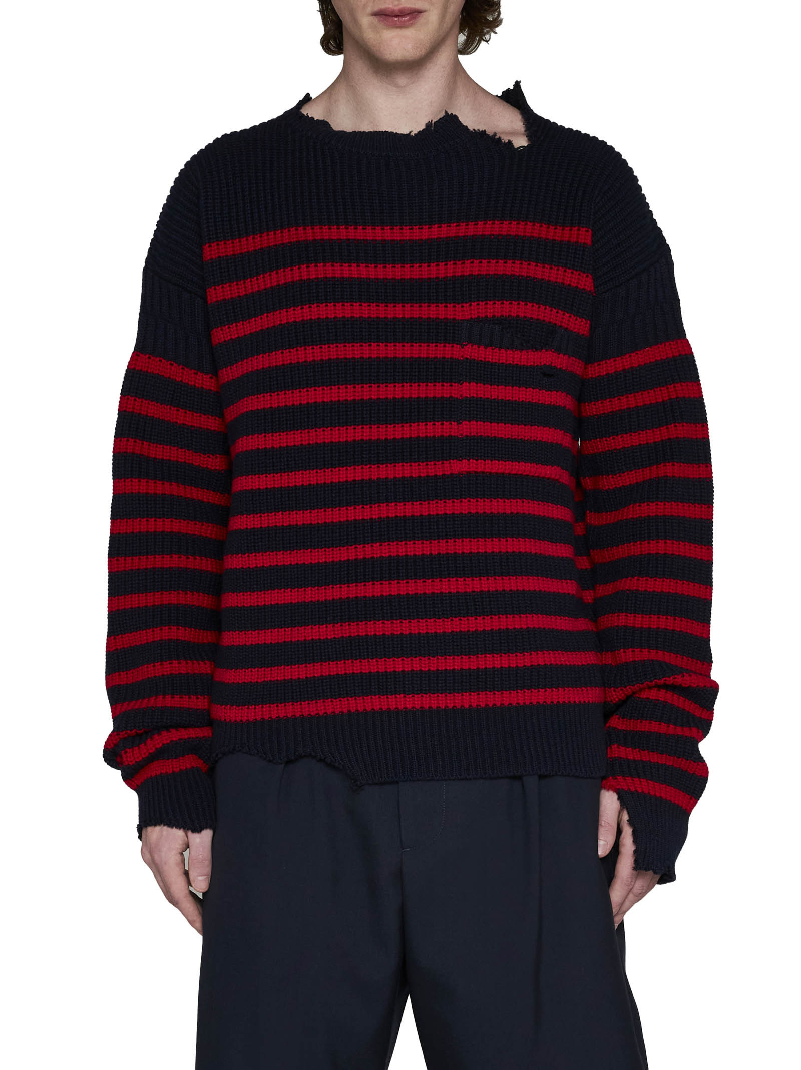 Marni Sailor Striped Distressed Crewneck Sweater In Black