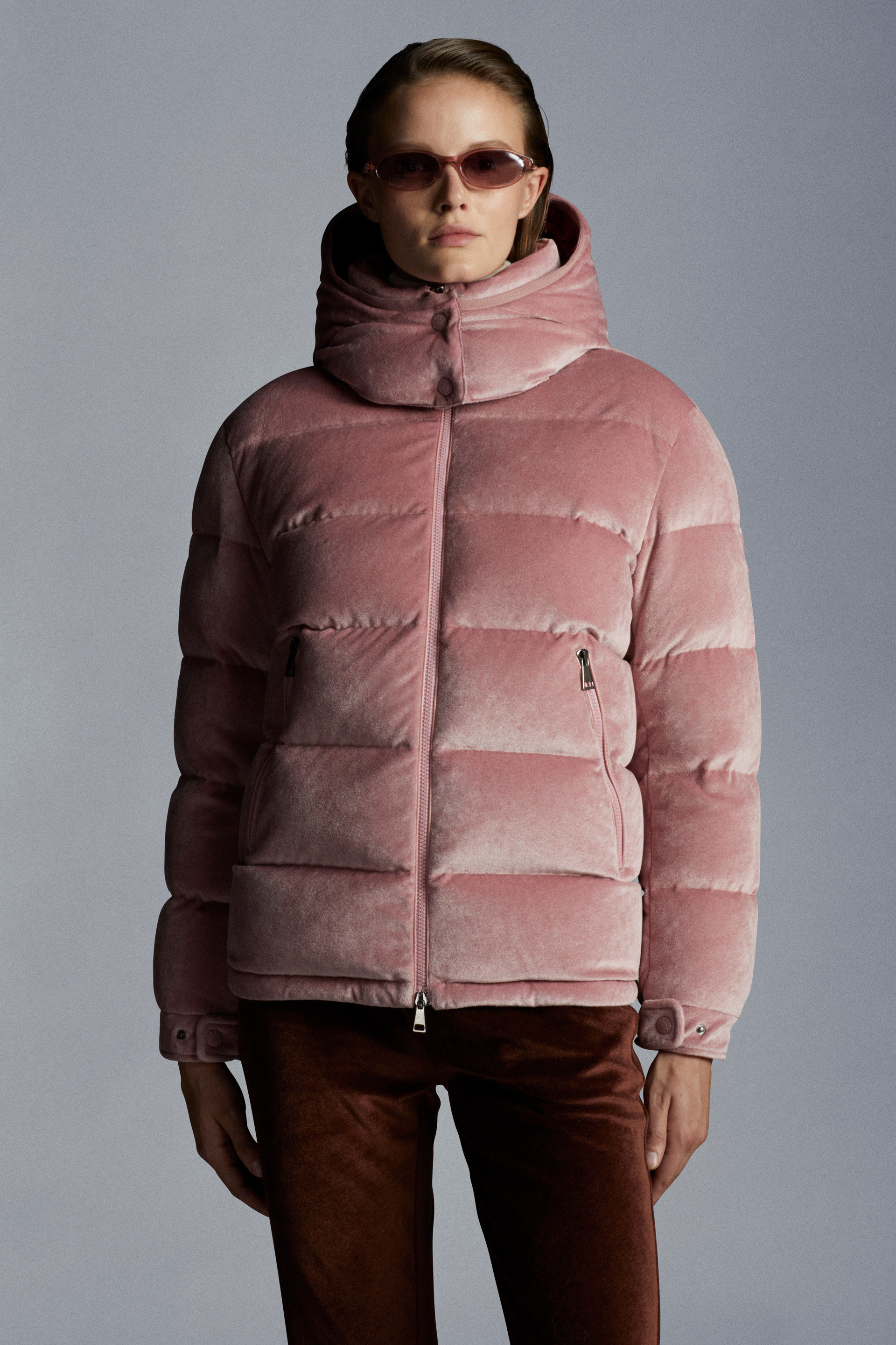 Moncler Holostee Velvet Puffer Jacket In Pink