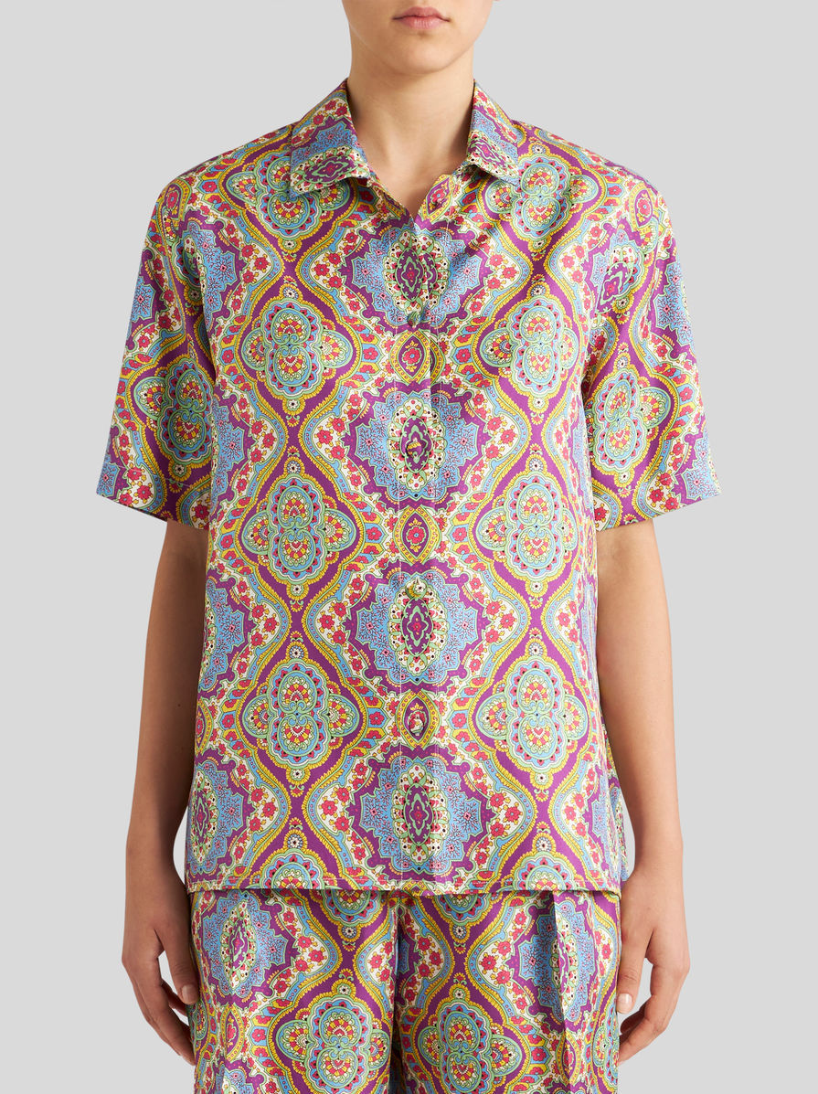 Etro Printed Silk Short Sleeve Bowling Shirt In Multicolor