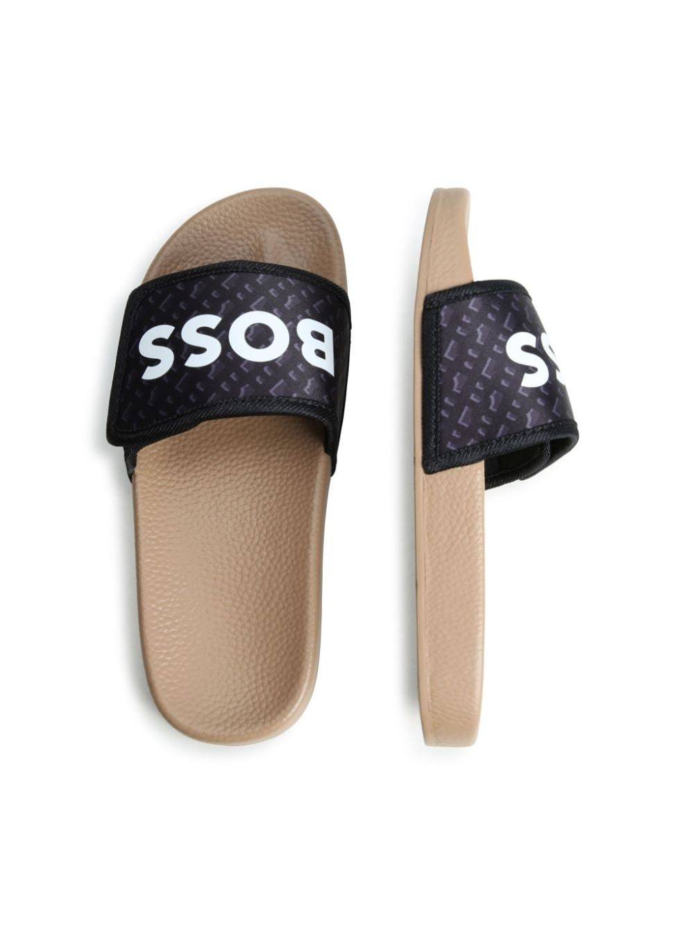 Hugo Boss Boss Boys Black Monogram Sliders In Nude