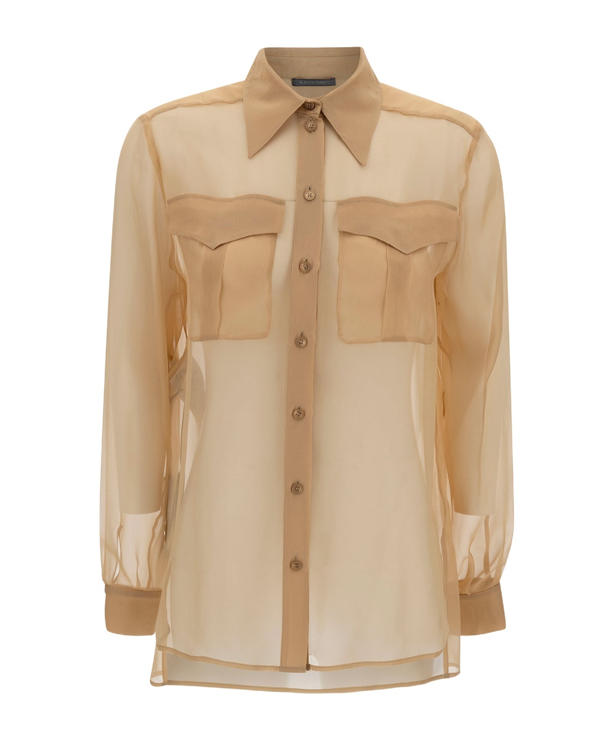 Alberta Ferretti Beige Shirt With Pointed Collar And Patch Pockets In Silk Chiffon Woman In Nude
