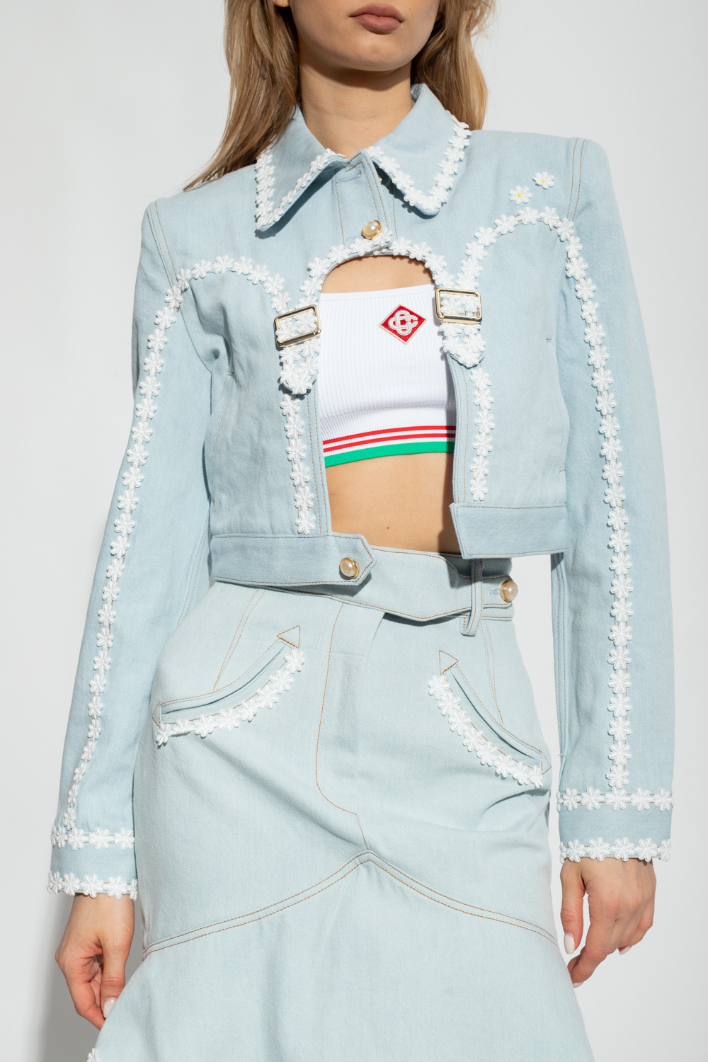 Casablanca Floral-pattern Cut-out Cropped Jacket In Green