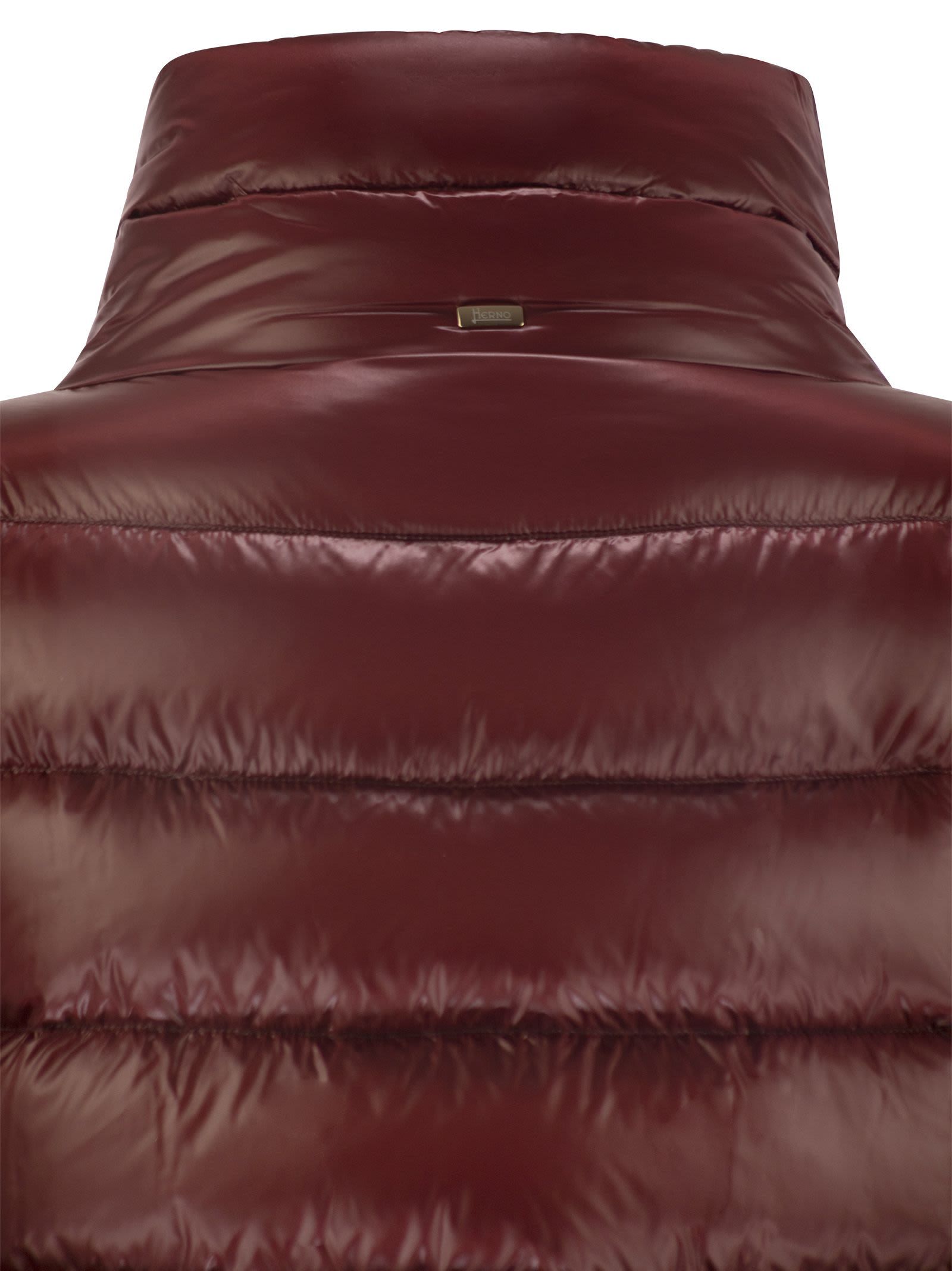 Herno Quilted High Neck Jacket With Lateral Split In Brown