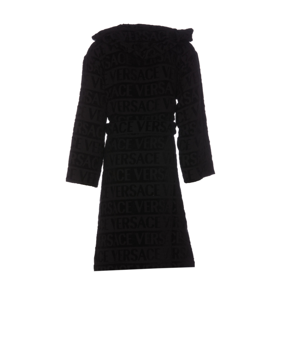 Versace Logo Towelling Belted Robe In Black