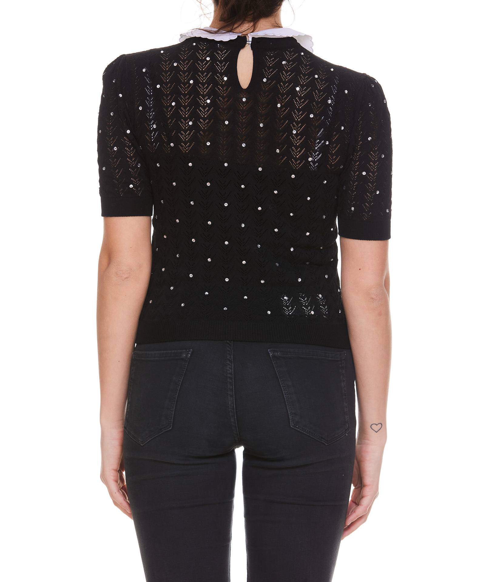 Alessandra Rich Contrast-collar Crystal-embellished Knitted Top In Black