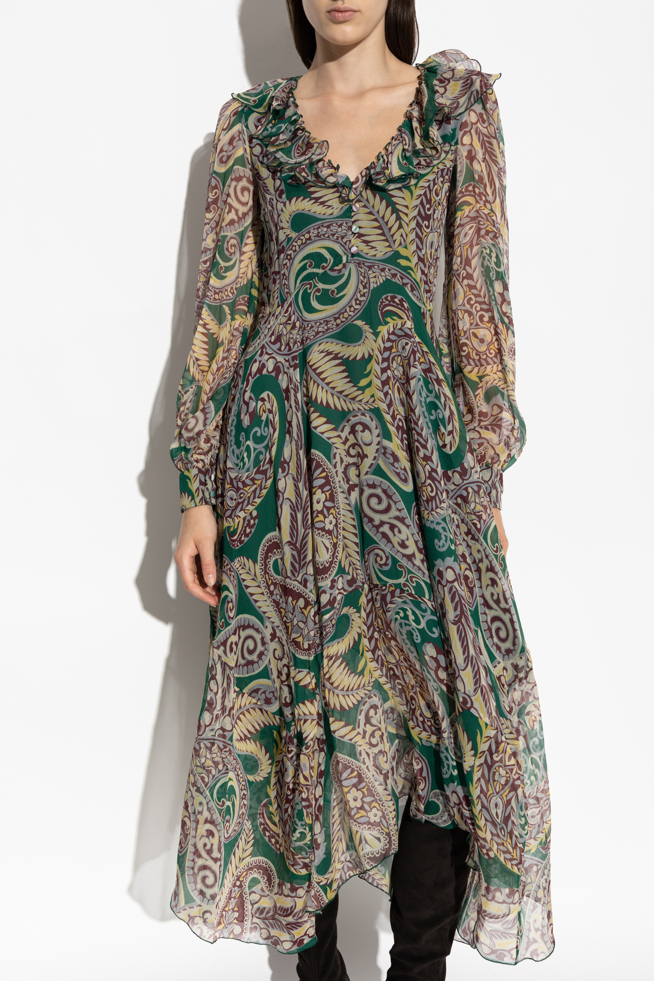 Etro Long Silk Crepon Dress With Paisley Motif In Multi