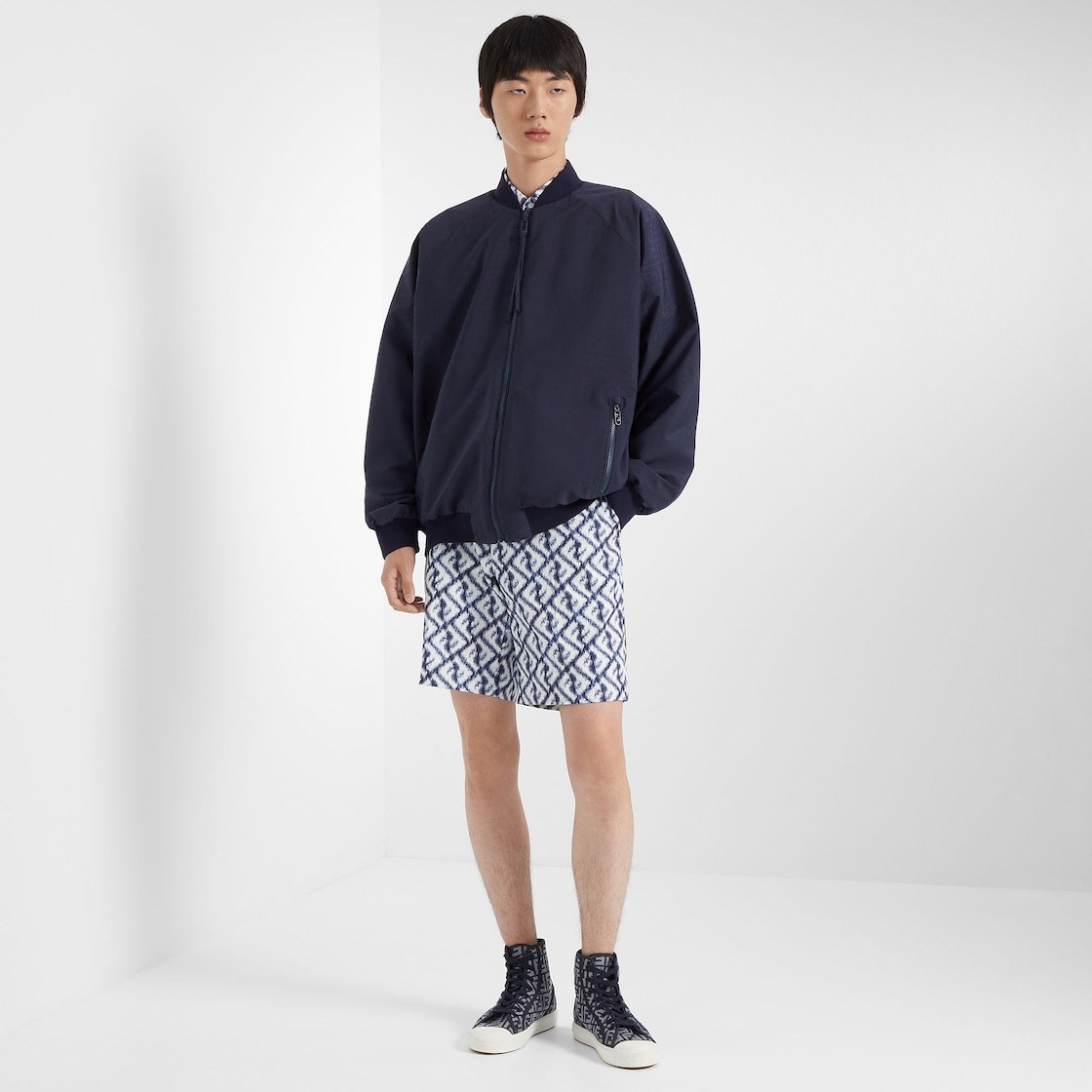 Shop Fendi Blue Nylon Bomber Jacket In Black