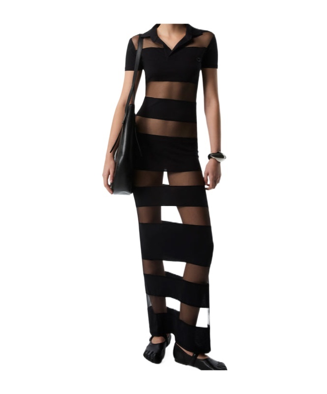 Coperni Black Long Dress With Logo Embroidery On The Front And All-over Striped Motif In Cotton Blend Woman In Black