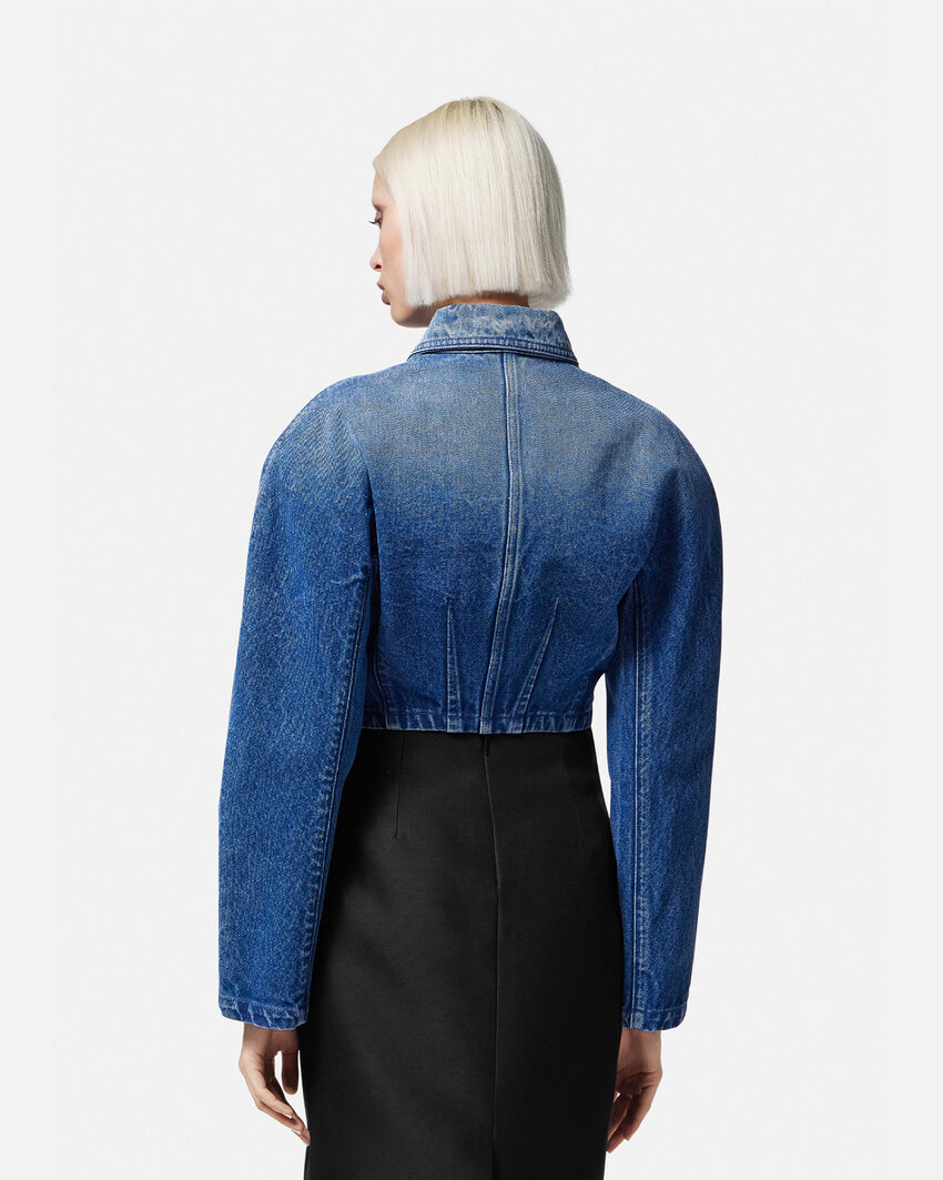 Versace Stone-washed Crop Denim Jacket In Medium Blue