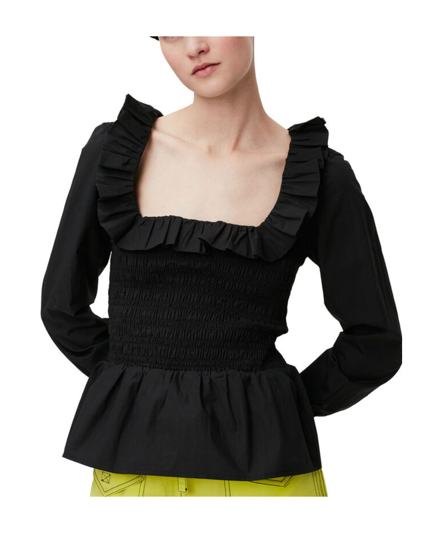 GANNI COTTON POPLIN OPEN-NECK SMOCK BLOUSE