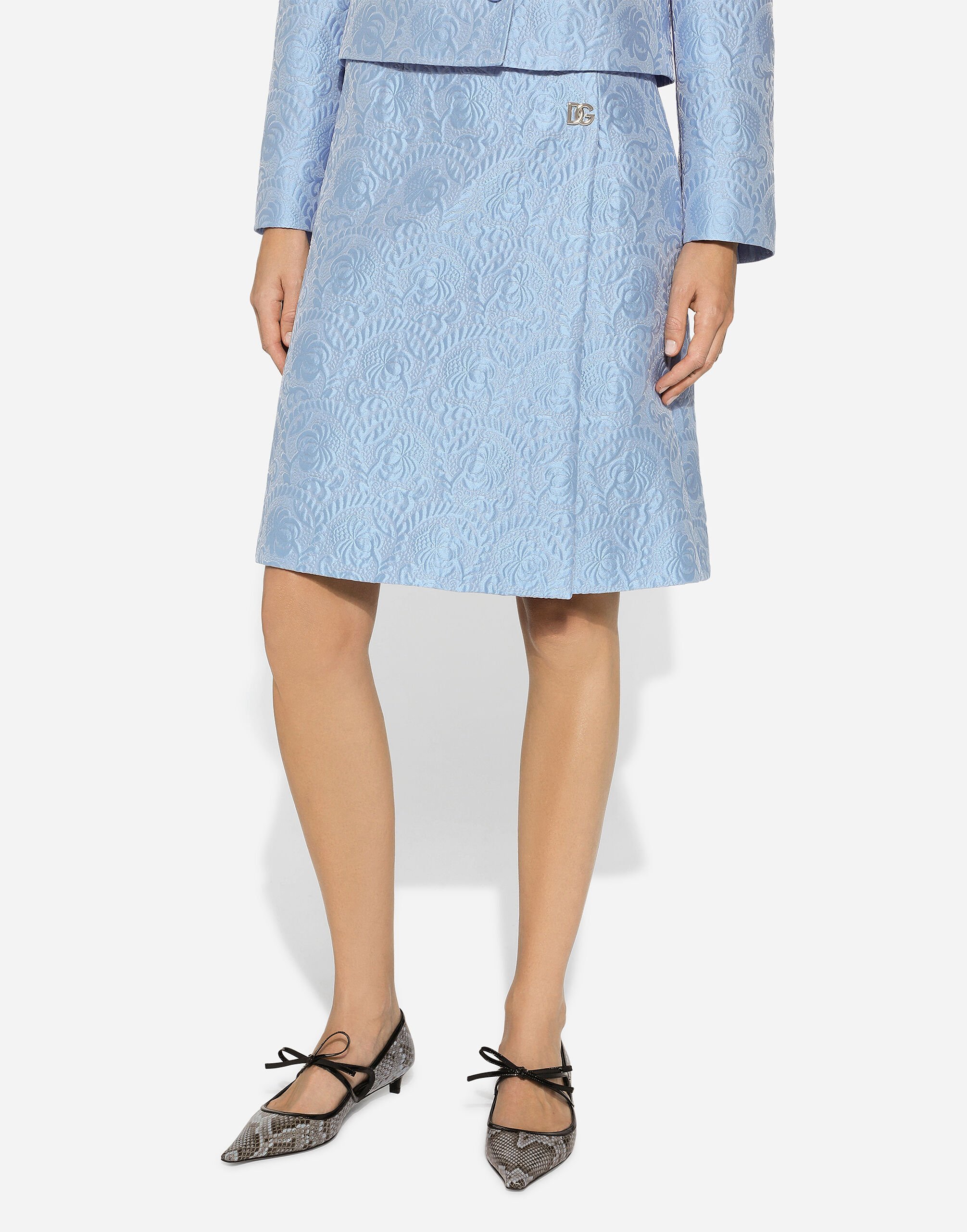 Dolce & Gabbana Floral Quilted Jacquard Midi Skirt With Dg Logo In Blue