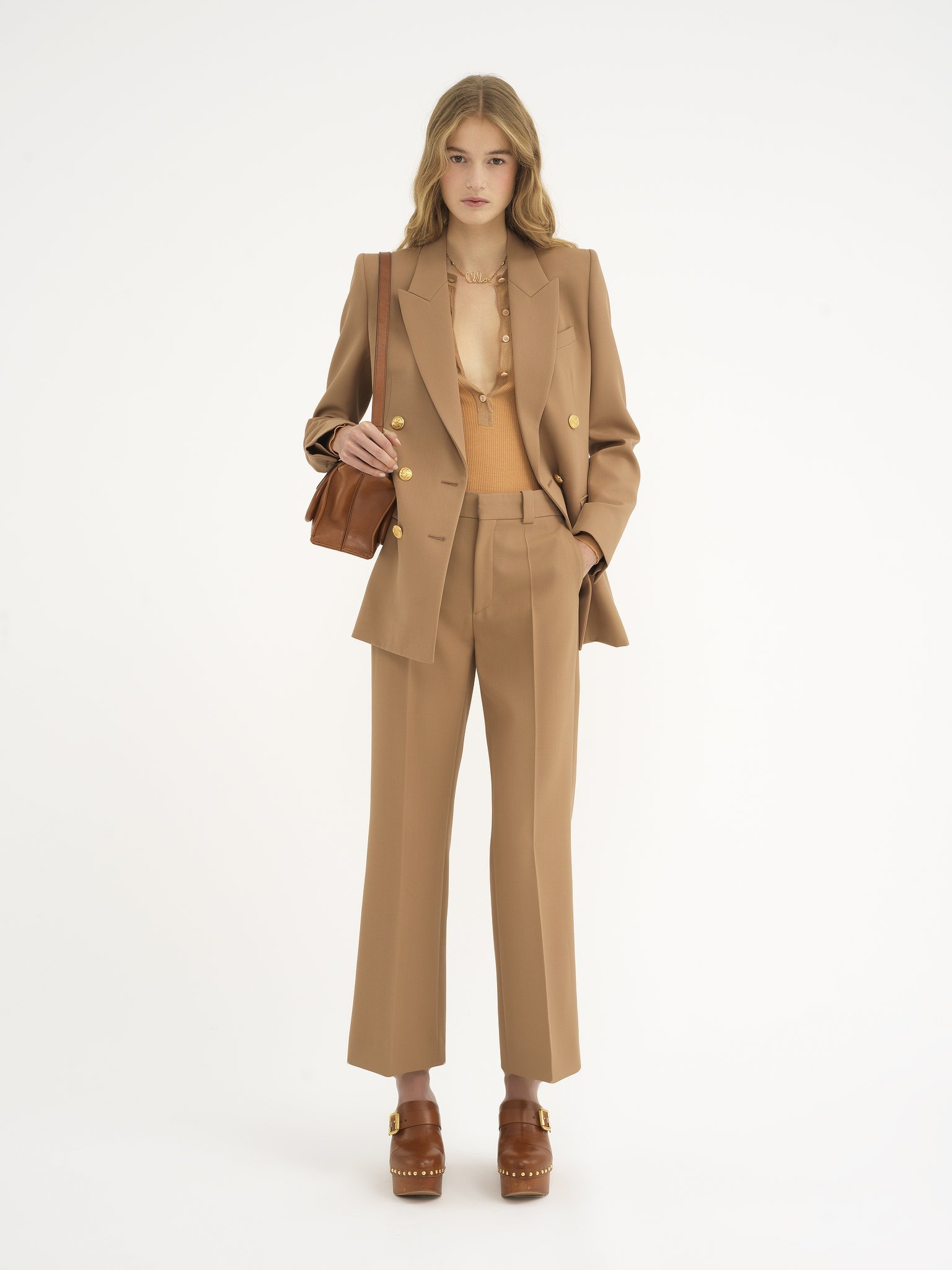 Chloé Low-rise Pintuck Bootcut Trousers In Virgin Wool Gabardine In Brown