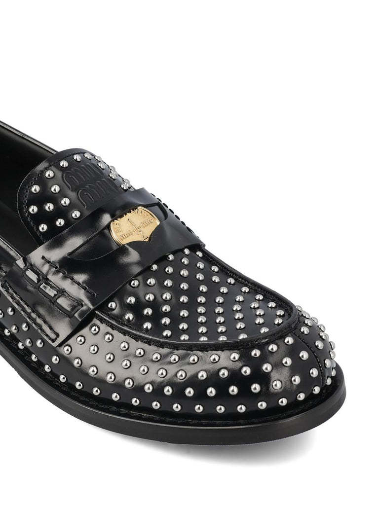 Miu Miu Studded Brushed Leather Penny Loafers In Black