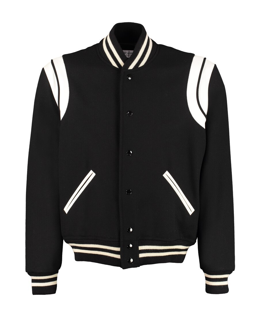 Saint Laurent Men Teddy Varsity Bomber Jacket In Black