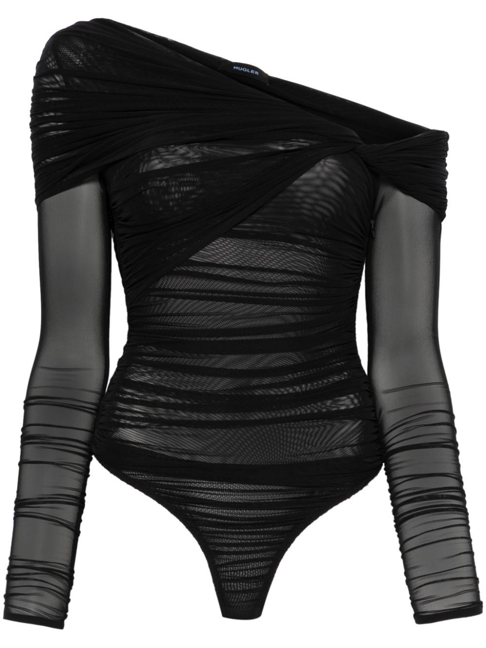 Mugler Black Off-shoulder Ruched Bodysuit In Black