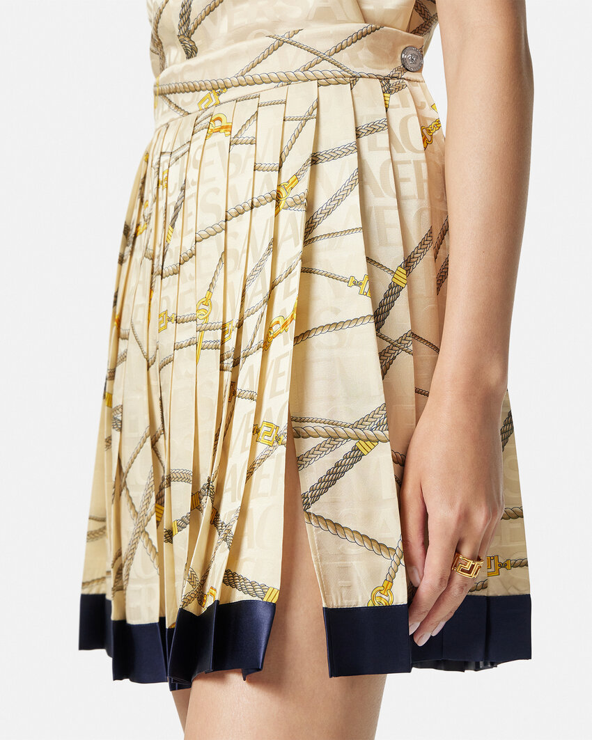 Versace Multicolor Pleated Mini Skirt With All-over Logo Print In Nude