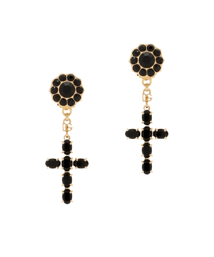 Dolce & Gabbana Elegant Gold Earrings With Black Cross Pendant In Black