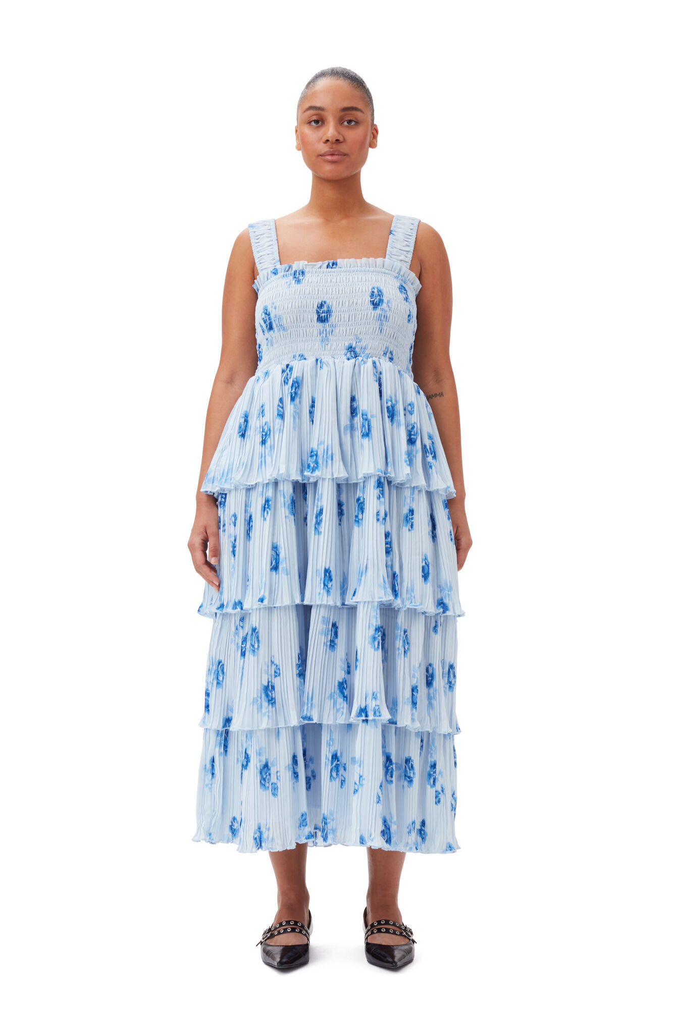 Ganni Ruffled Shirred Pleated Georgette Midi Dress In Blue