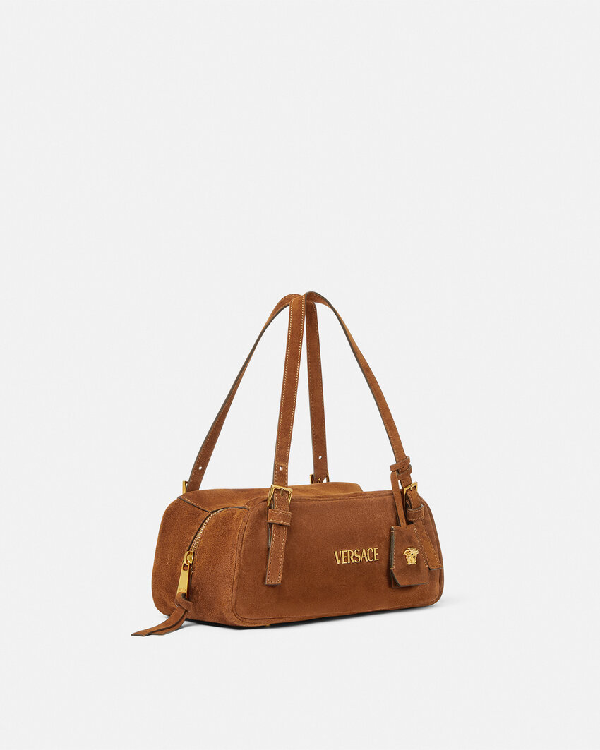 Versace Tag Suede Bowling Shoulder Bag In Brown