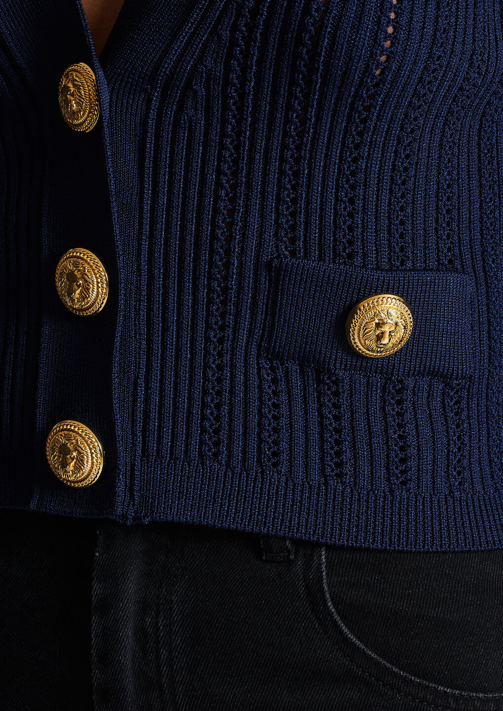 Balmain Ladies Marine Cropped Knit Cardigan In Blue