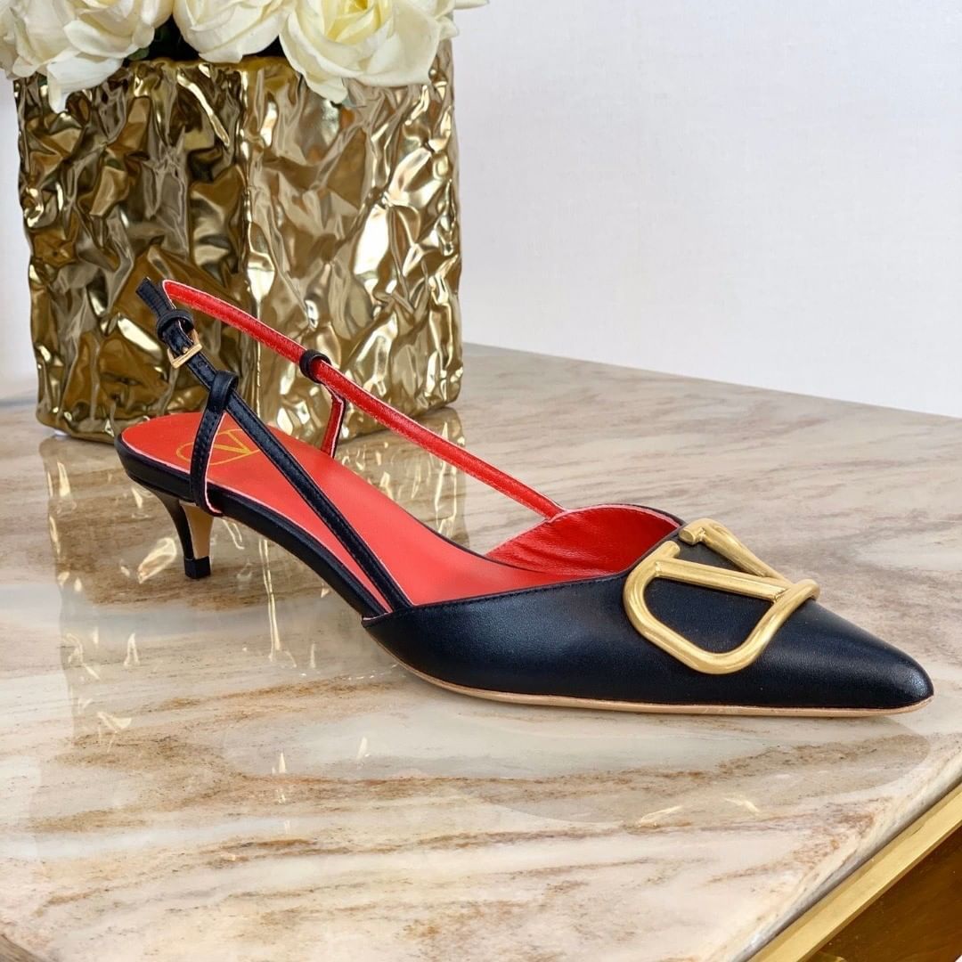 Valentino Pointed Toe Slimback Pump With Vintage-effect Brass Detail In Black