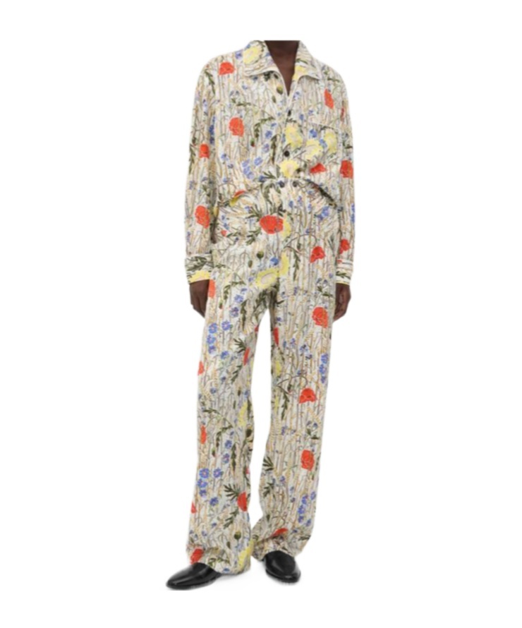 Bottega Veneta Womens Chalk Hibiscus Khaki Flower-print Wide-leg High-rise Woven-blend Pyjama Set In Nude