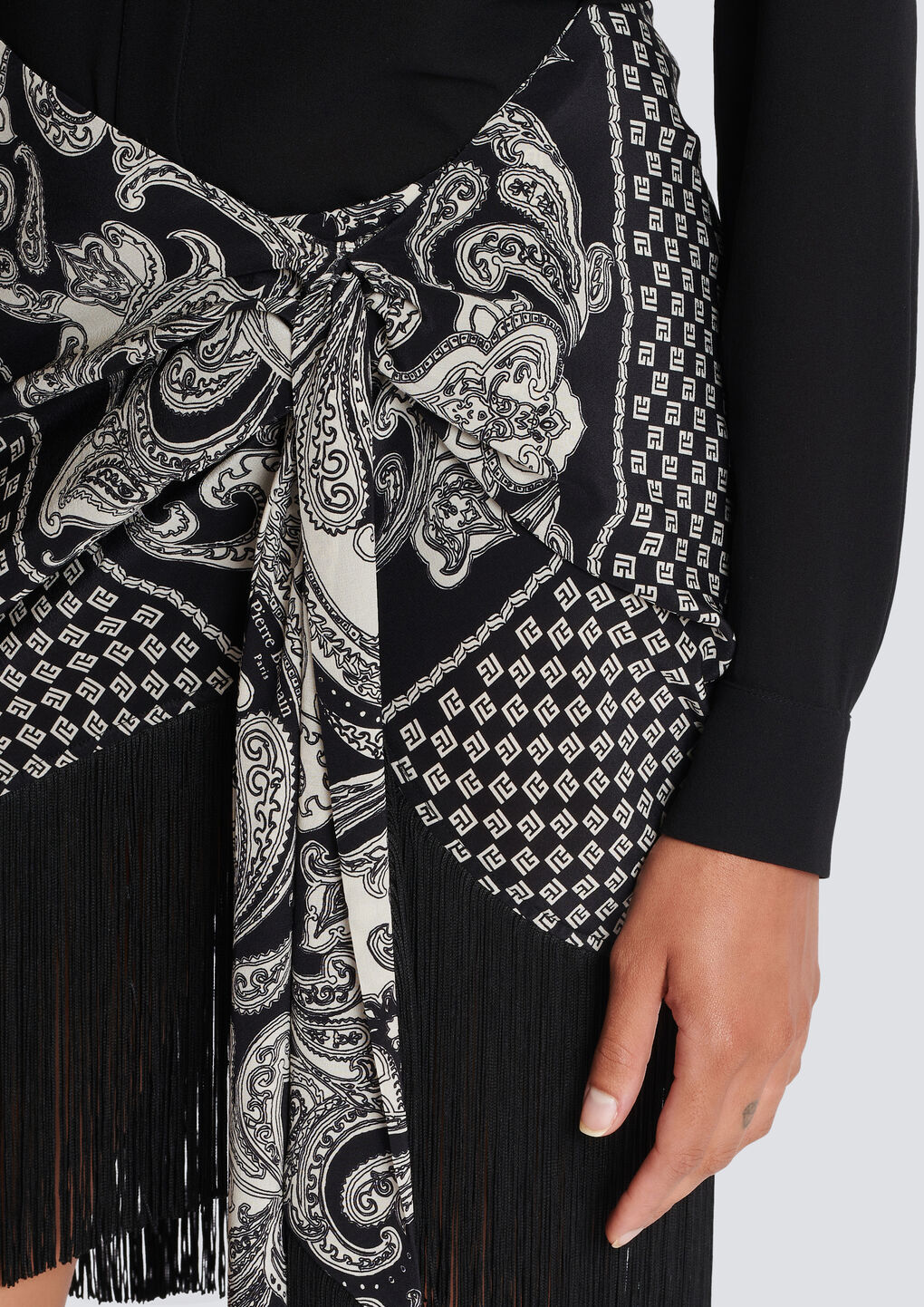 Balmain Fringed Paisley-print Silk Miniskirt In Black