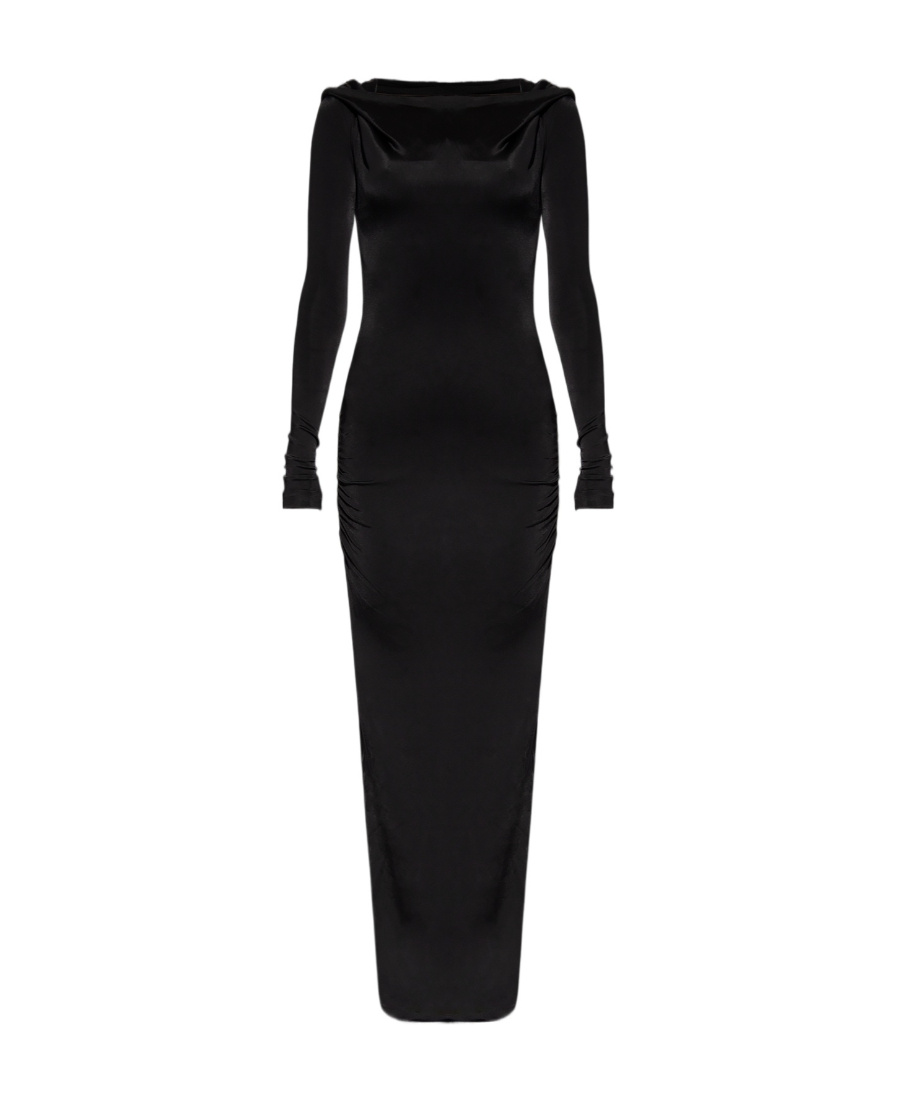 Misbhv Draped-neckline Hooded Maxi Dress In Black