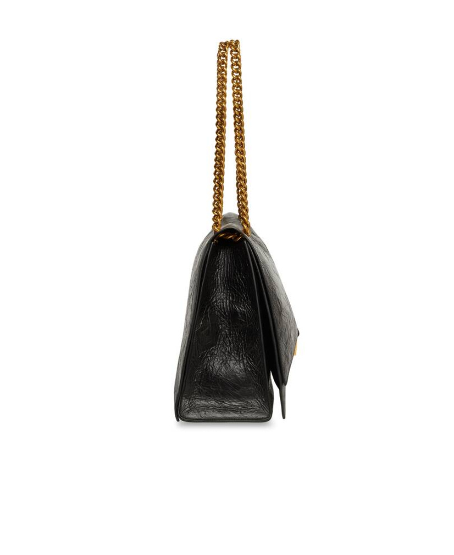 Balenciaga Crush Large Crinkled Leather Chain Shoulder Bag In Black