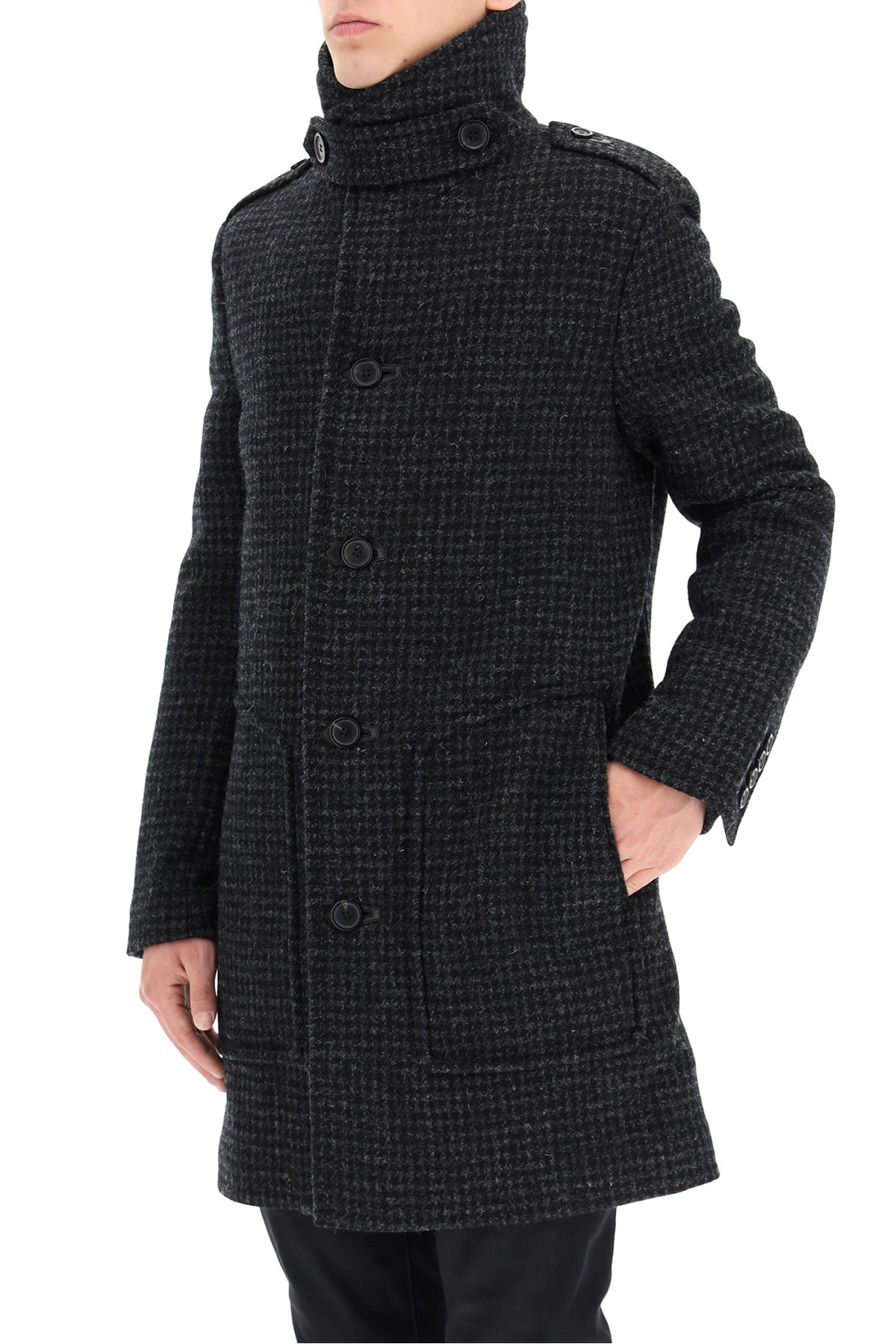 Saint Laurent Shearling-collar Check Wool Coat In Black